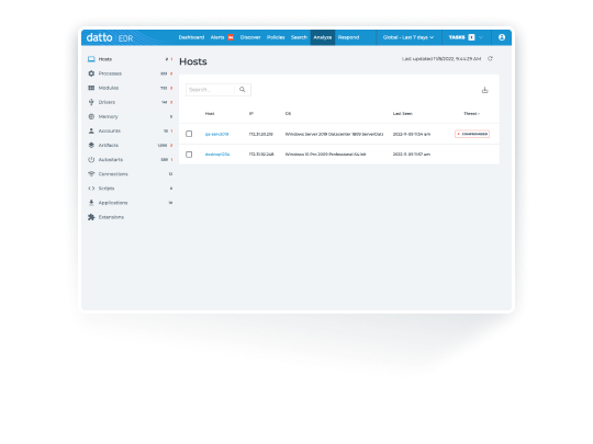 Datto EDR Hosts Screenshot